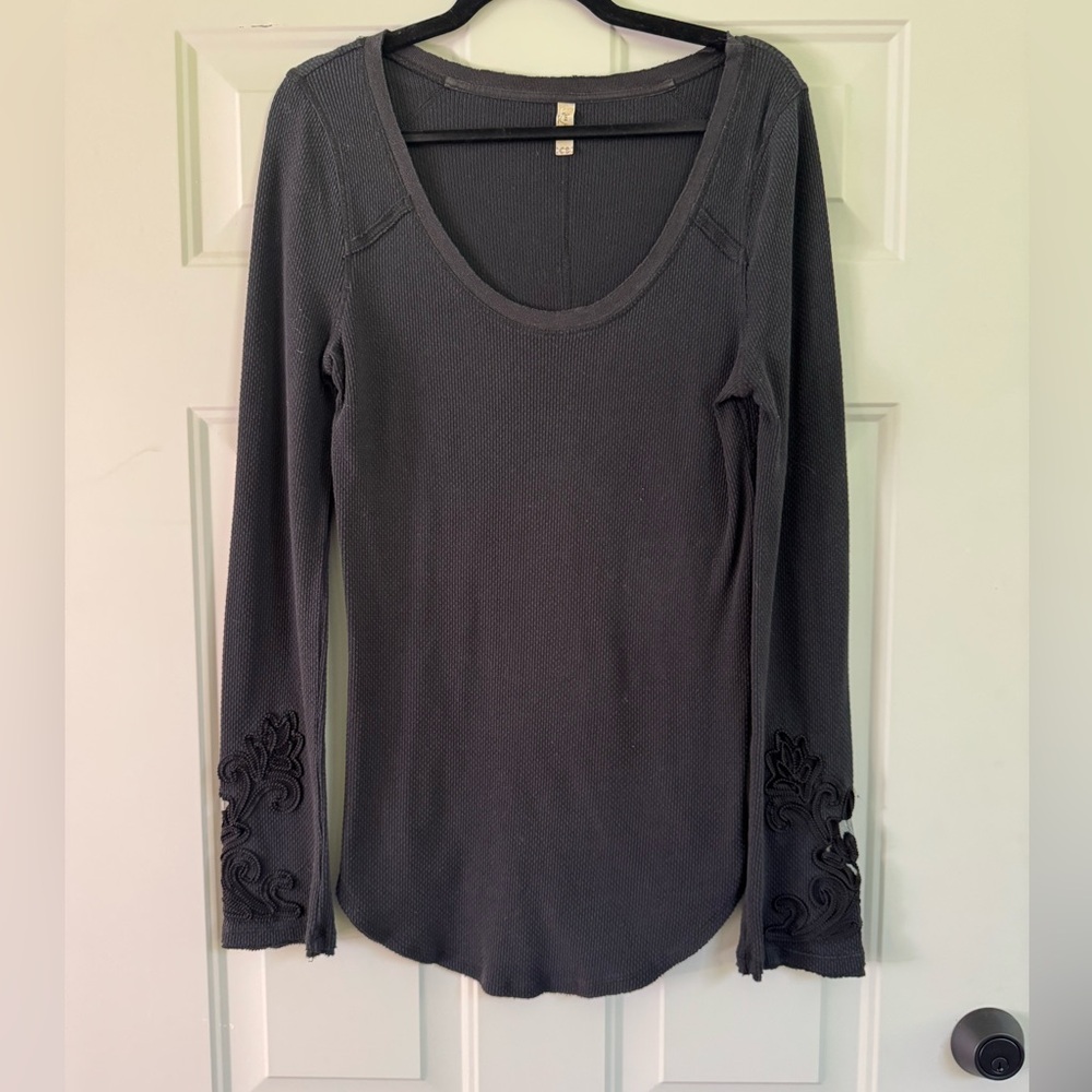 Free People Black Long Sleeve Top with Embroidered Details